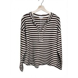 Blu Pepper Tisha Split Neck Top Brown Cream Stripe Textured Henley L NWT New